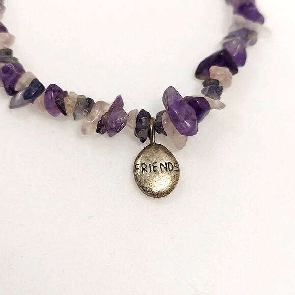 Amethyst & Quartz Chip Bracelet w/ Sterling Friends Charm 7.5" Purple 925 FA - Picture 2 of 9